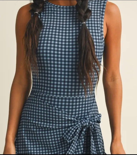 Dusty Blue Gingham Wrap Dress